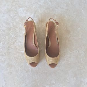 Tory Burch Raffia Wedge Peep Toe Shoes
